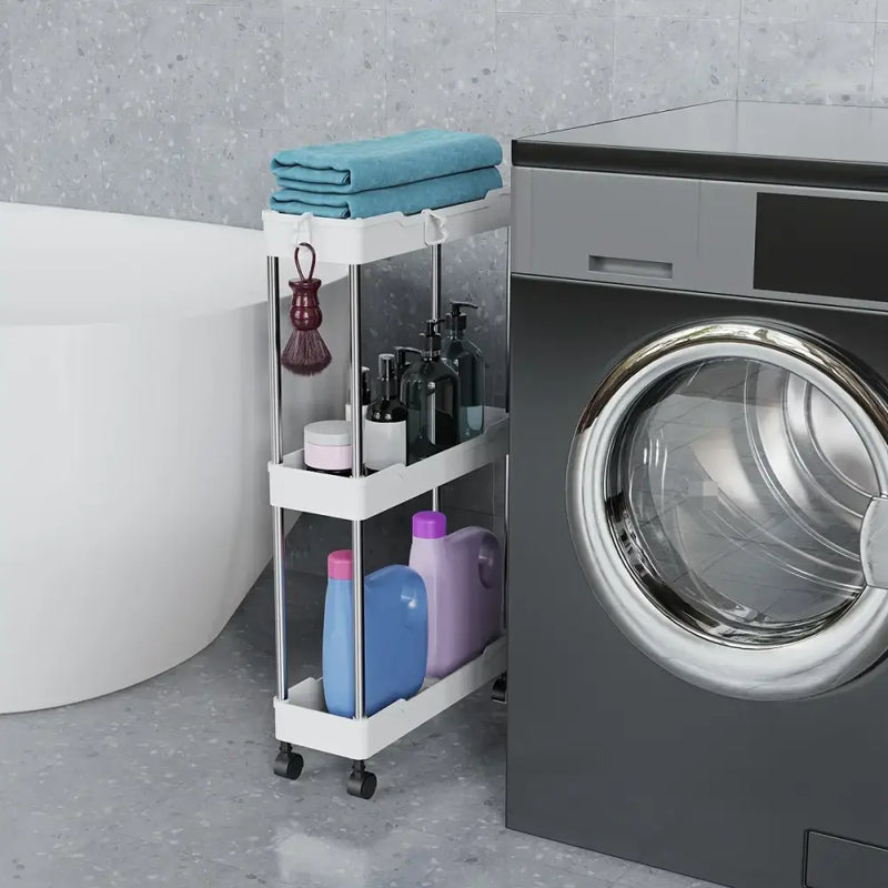 Modern white and chrome rolling utility cart bathroom storage rack