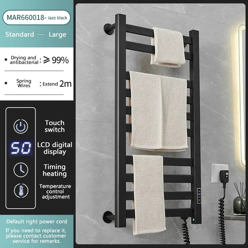 Modern white and gold electric towel radiator – bathroom storage shelf