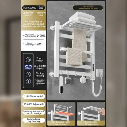 Modern white and gold electric towel radiator – bathroom storage shelf