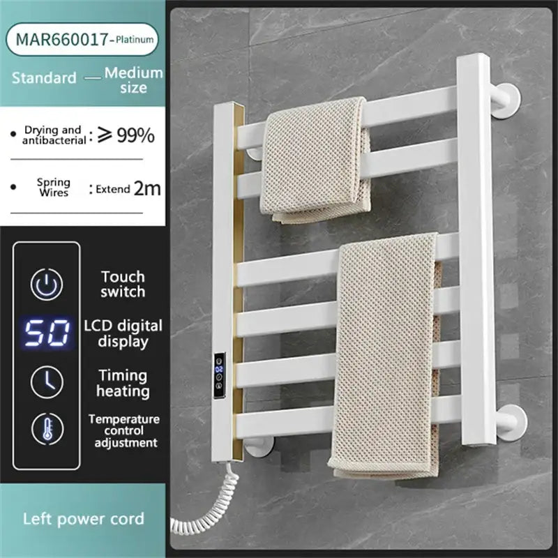 Modern white and gold electric towel radiator – bathroom storage shelf