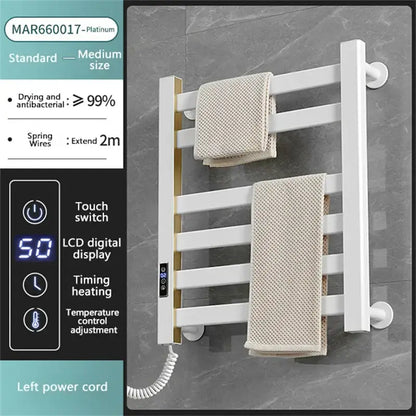 Modern white and gold electric towel radiator – bathroom storage shelf