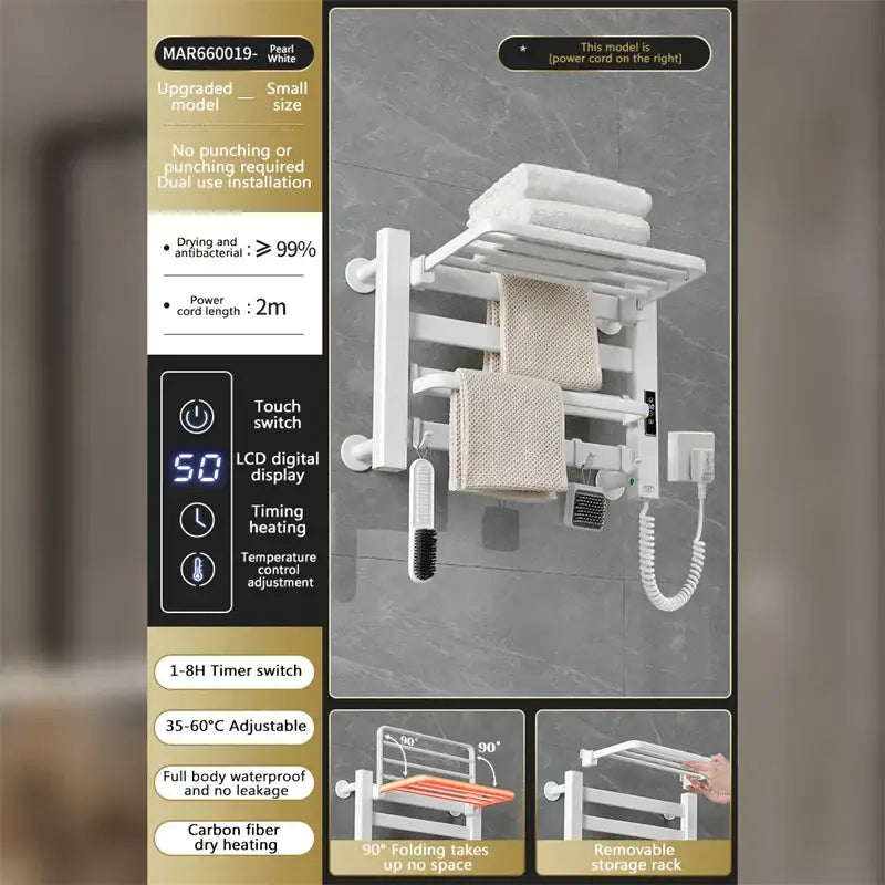 Modern white and gold electric towel radiator – bathroom storage shelf