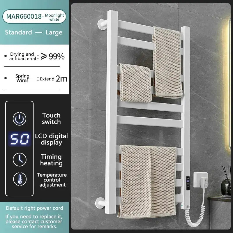Modern white and gold electric towel radiator – bathroom storage shelf