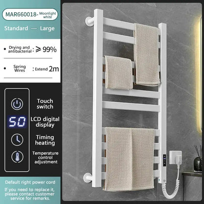 Modern white and gold electric towel radiator – bathroom storage shelf