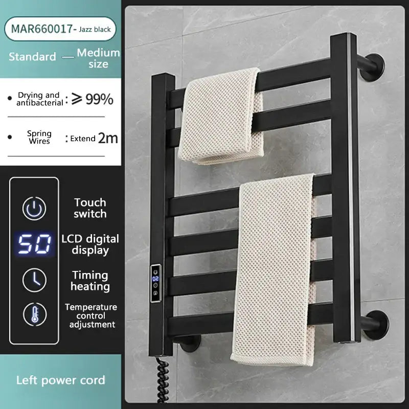 Modern white and gold electric towel radiator – bathroom storage shelf