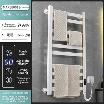 Modern white and gold electric towel radiator – bathroom storage shelf