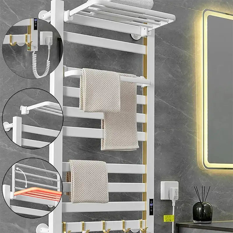 Modern white and gold electric towel radiator – bathroom storage shelf
