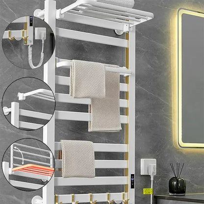 Modern white and gold electric towel radiator – bathroom storage shelf