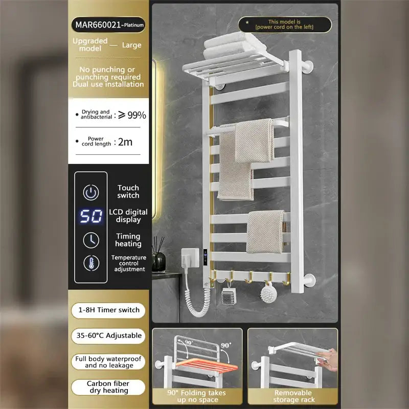 Modern white and gold electric towel radiator – bathroom storage shelf