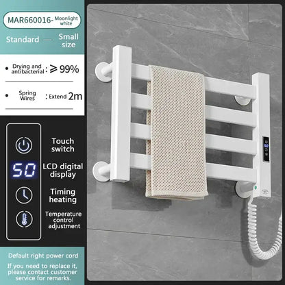Modern white and gold electric towel radiator – bathroom storage shelf