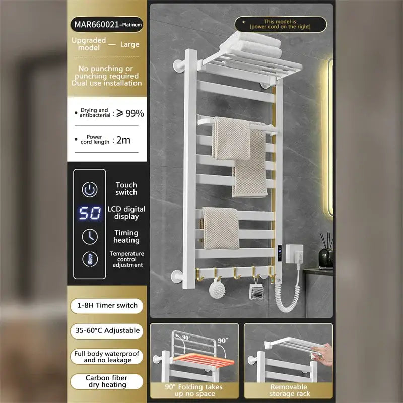 Modern white and gold electric towel radiator – bathroom storage shelf