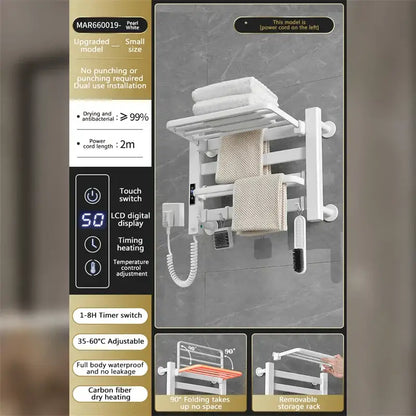 Modern white and gold electric towel radiator – bathroom storage shelf