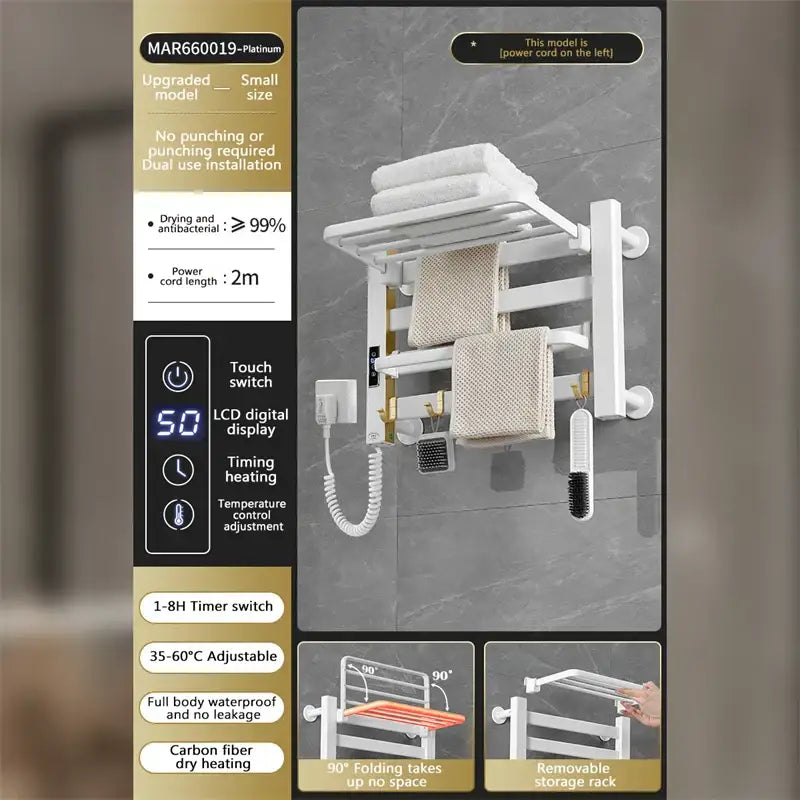 Modern white and gold electric towel radiator – bathroom storage shelf