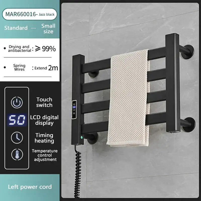 Modern white and gold electric towel radiator – bathroom storage shelf