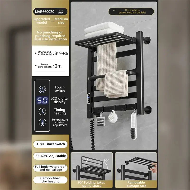 Modern white and gold electric towel radiator – bathroom storage shelf