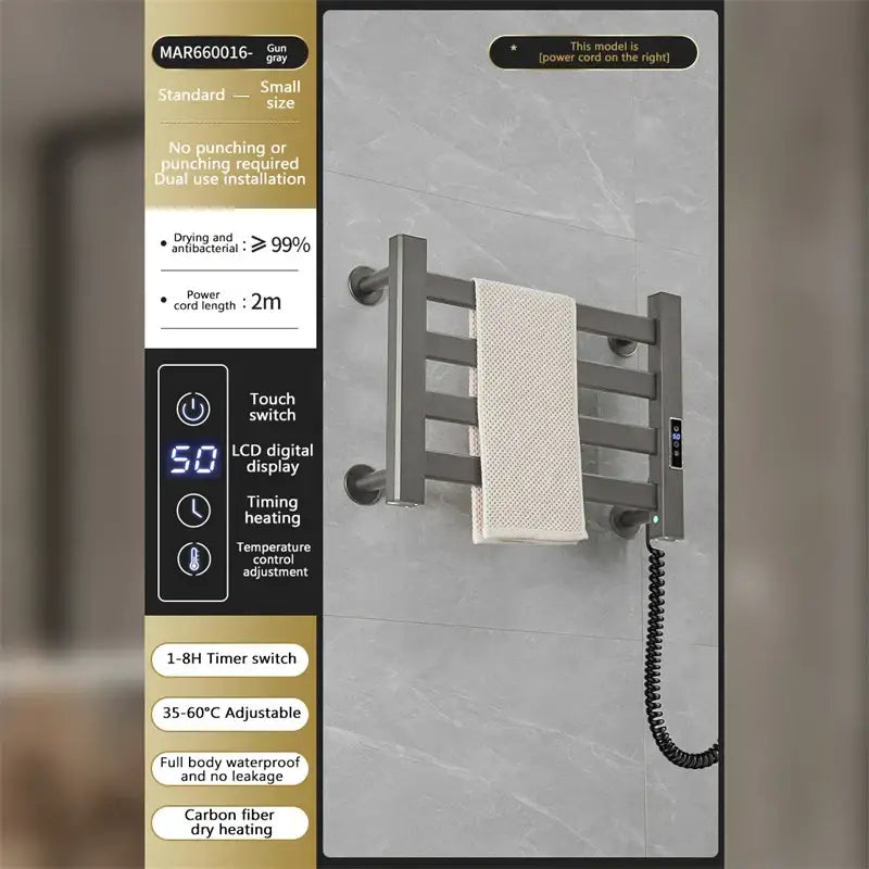Modern white and gold electric towel radiator – bathroom storage shelf