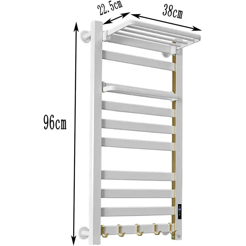 Modern white and gold electric towel radiator – bathroom storage shelf