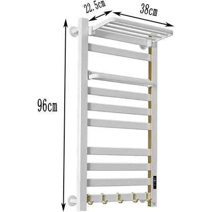 Modern white and gold electric towel radiator – bathroom storage shelf