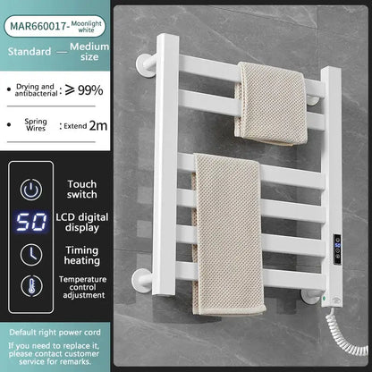 Modern white and gold electric towel radiator – bathroom storage shelf
