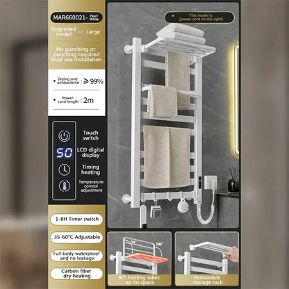 Modern white and gold electric towel radiator – bathroom storage shelf