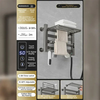 Modern white and gold electric towel radiator – bathroom storage shelf
