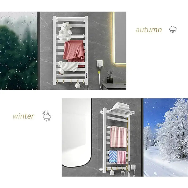 Modern white and gold electric towel radiator – bathroom storage shelf