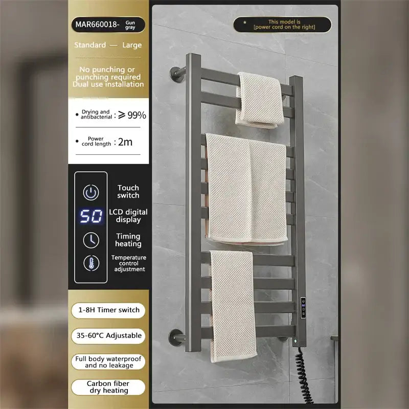 Modern white and gold electric towel radiator – bathroom storage shelf
