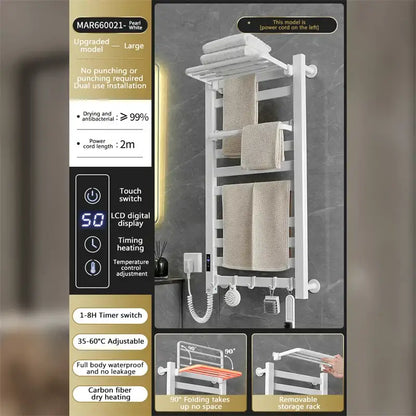 Modern white and gold electric towel radiator – bathroom storage shelf