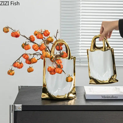 Modern white and gold handbag ceramic vase living room decor