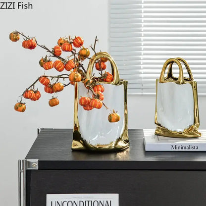 Modern white and gold handbag ceramic vase living room decor