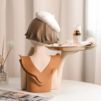 Modern white and tan balloon girl bust tray – living room sculpture