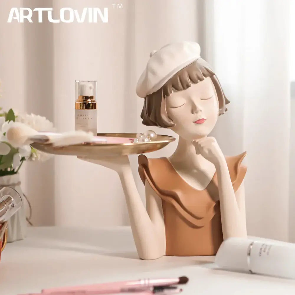 Modern white and tan balloon girl bust tray – living room sculpture