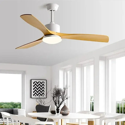 Modern white and wood blade dc ceiling fan with led light bedroom