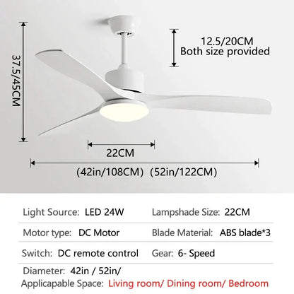 Modern white and wood blade dc ceiling fan with led light bedroom