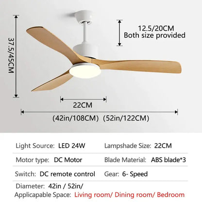 Modern white and wood blade dc ceiling fan with led light bedroom