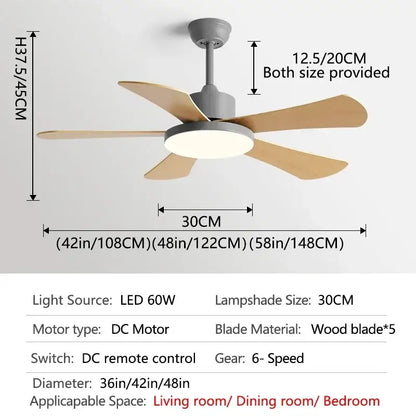 Modern white and wood ceiling fan with led light for bedroom restaurant