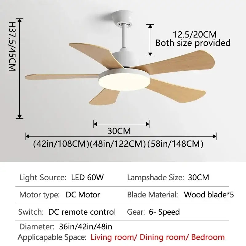 Modern white and wood ceiling fan with led light for bedroom restaurant