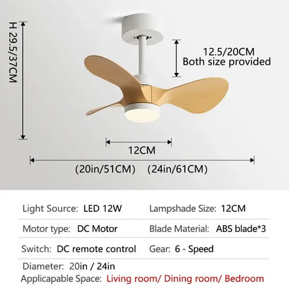 Modern white and wood mini ceiling fan bedroom led light