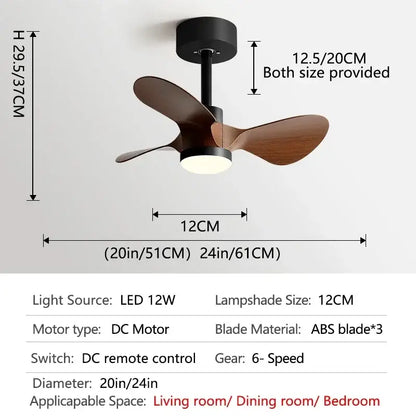 Modern white and wood mini ceiling fan bedroom led light