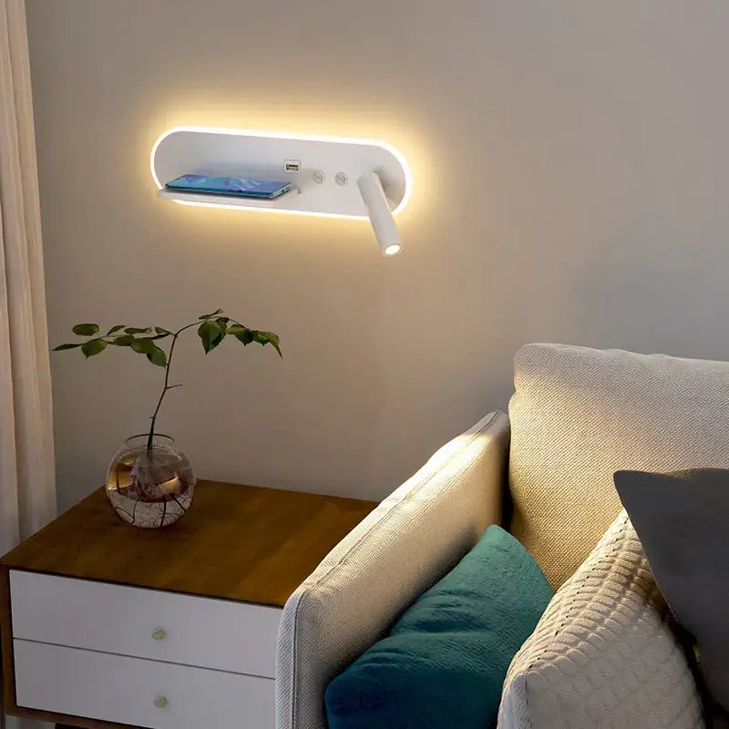 Modern white bedside wall lamp with wireless charging for bedroom