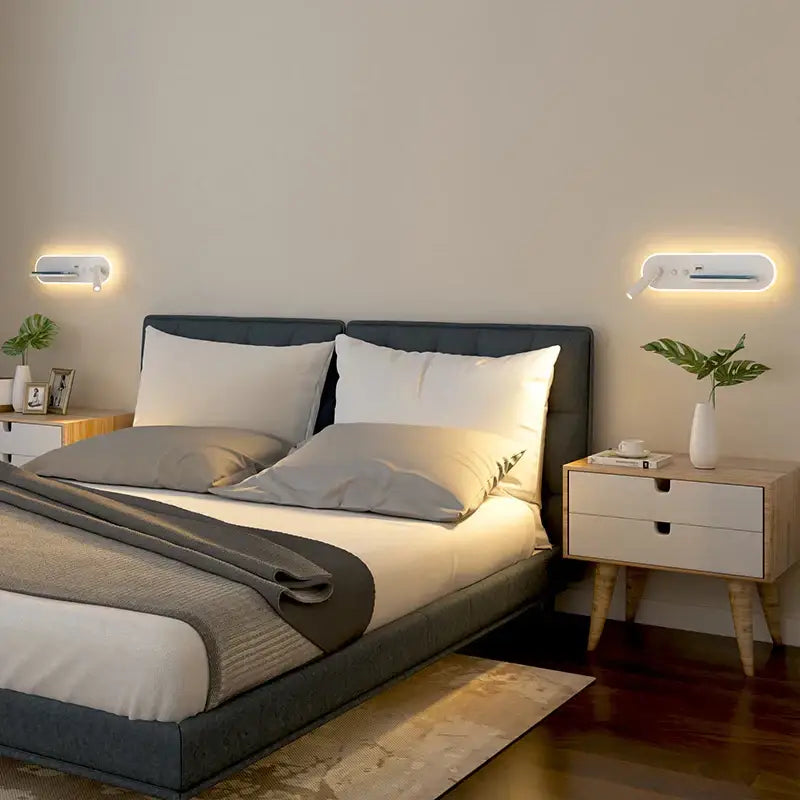Modern white bedside wall lamp with wireless charging for bedroom
