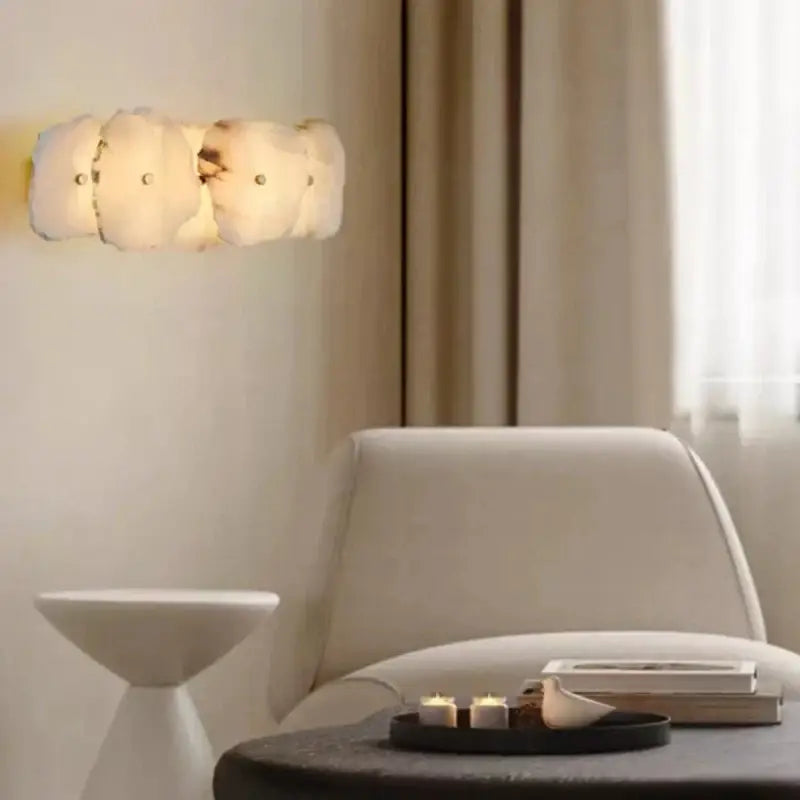 Modern white & beige stone brass wall lamp bedroom sconce