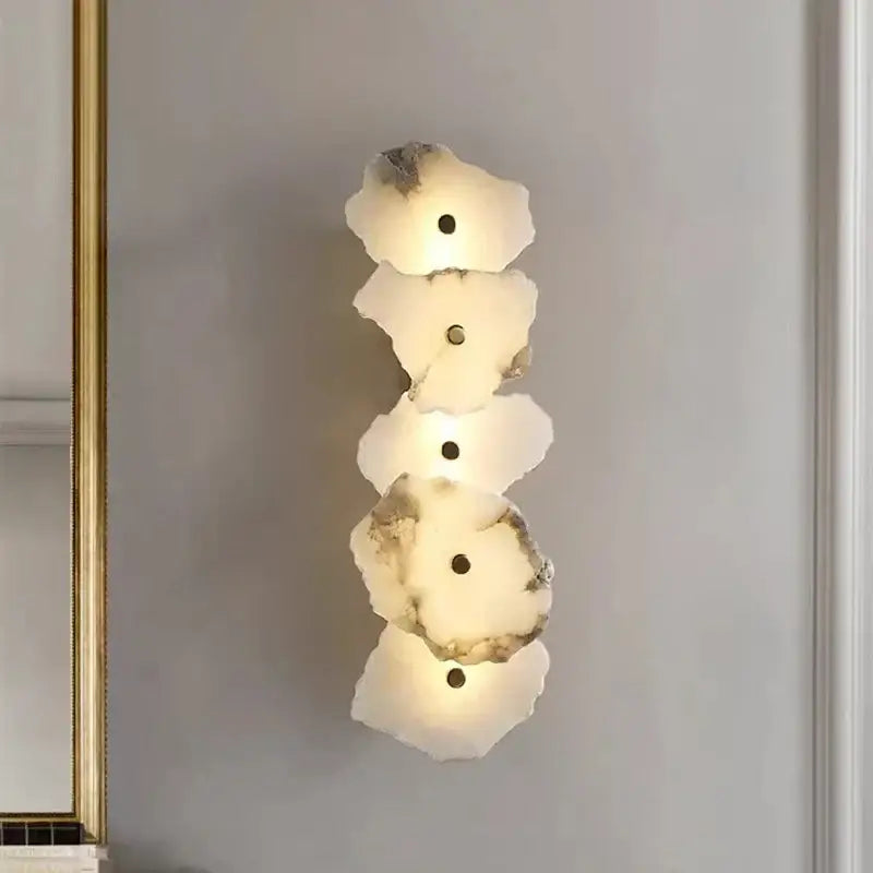Modern white & beige stone brass wall lamp bedroom sconce