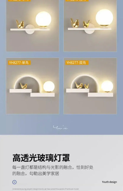 Modern white bird wall lights with led shelf for living room