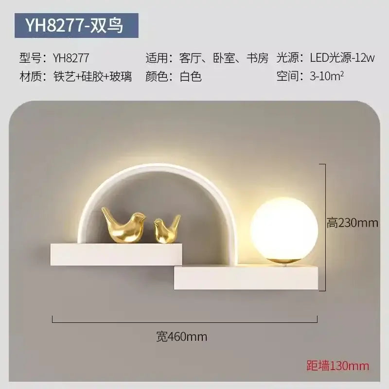 Modern white bird wall lights with led shelf for living room