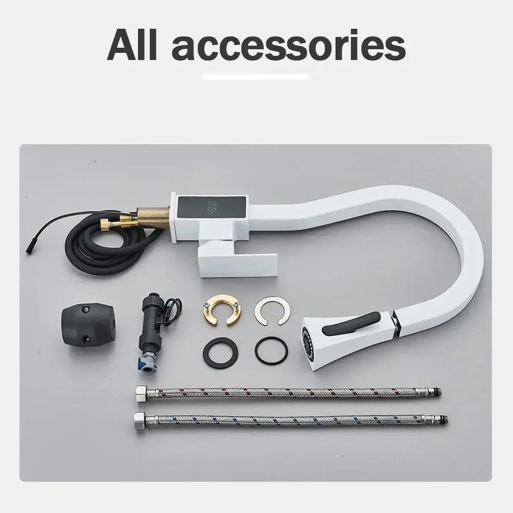 Modern white & black brass kitchen faucet with temperature display