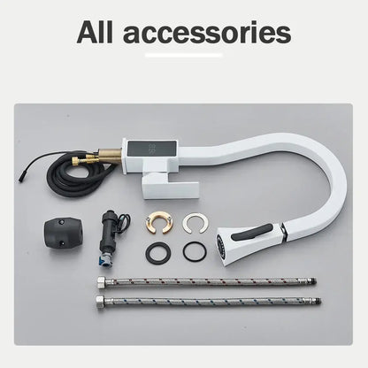 Modern white & black brass kitchen faucet with temperature display