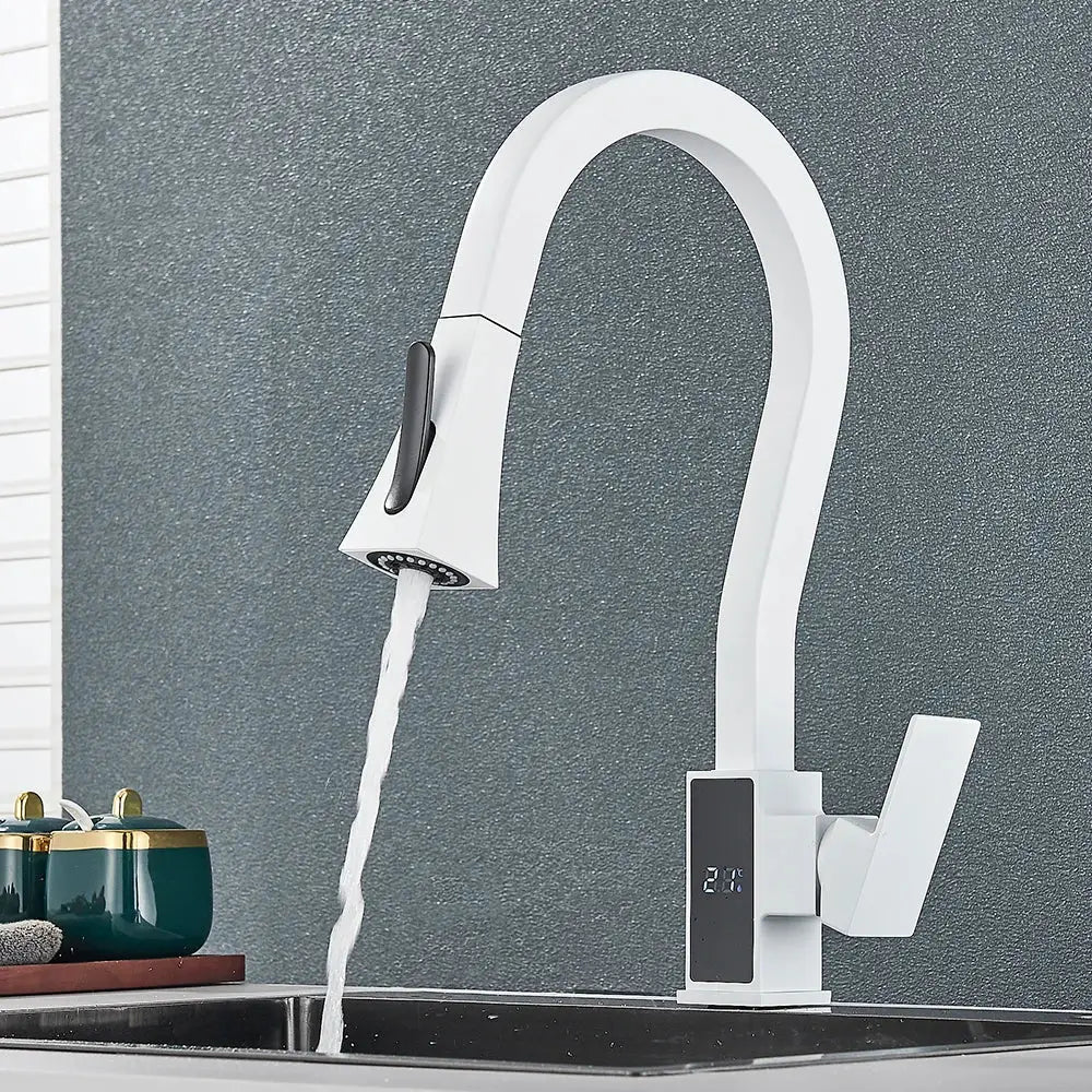Modern white & black brass kitchen faucet with temperature display