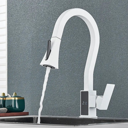 Modern white & black brass kitchen faucet with temperature display