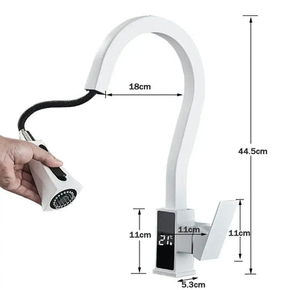 Modern white & black brass kitchen faucet with temperature display